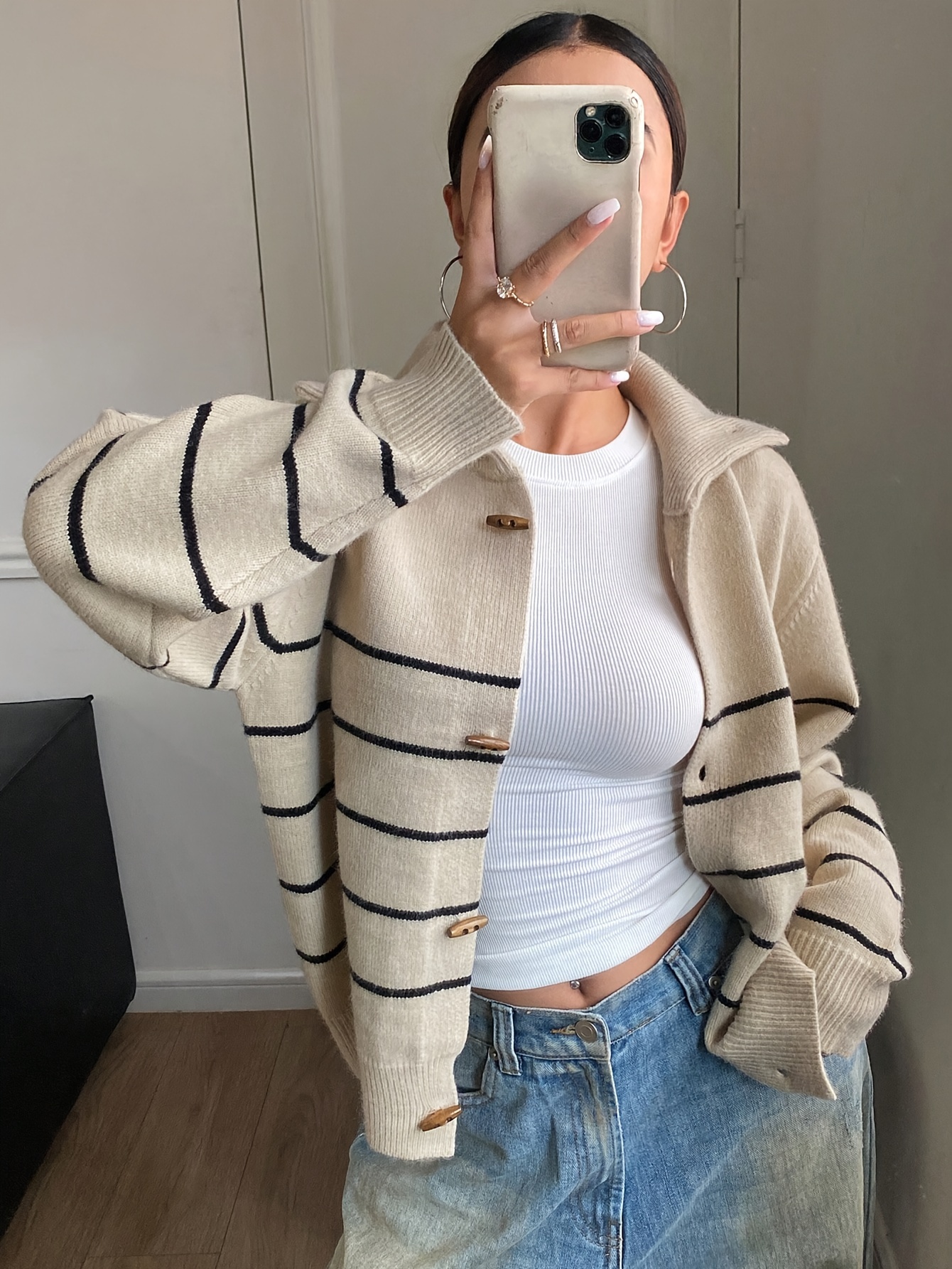 Embellish Knit - Plus Size Women Striped Cardigan Horn