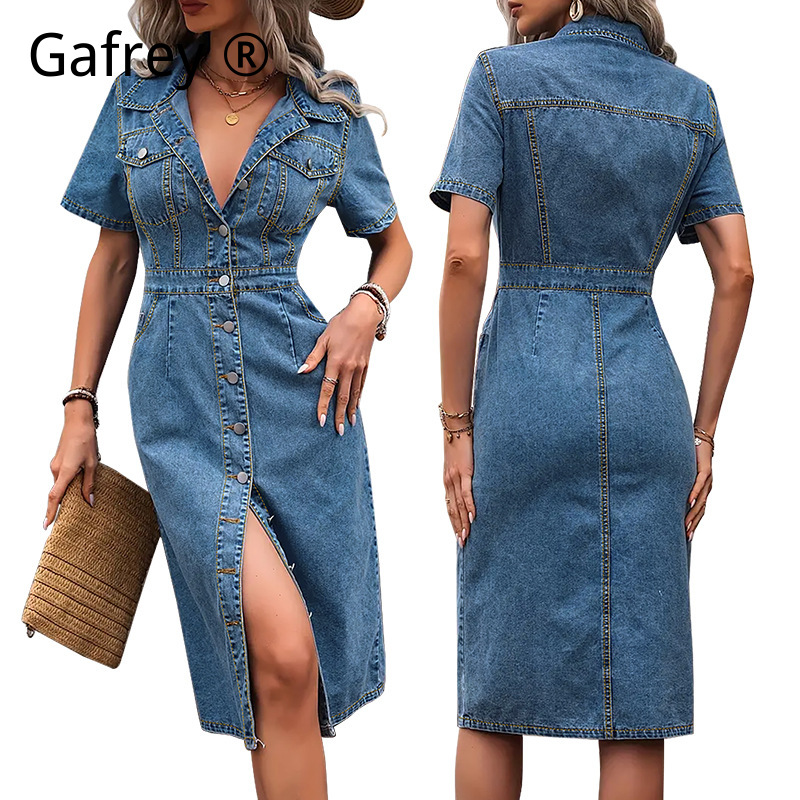 Plus Size Women Lapel Denim Dr - Embellish Knit recension och pris