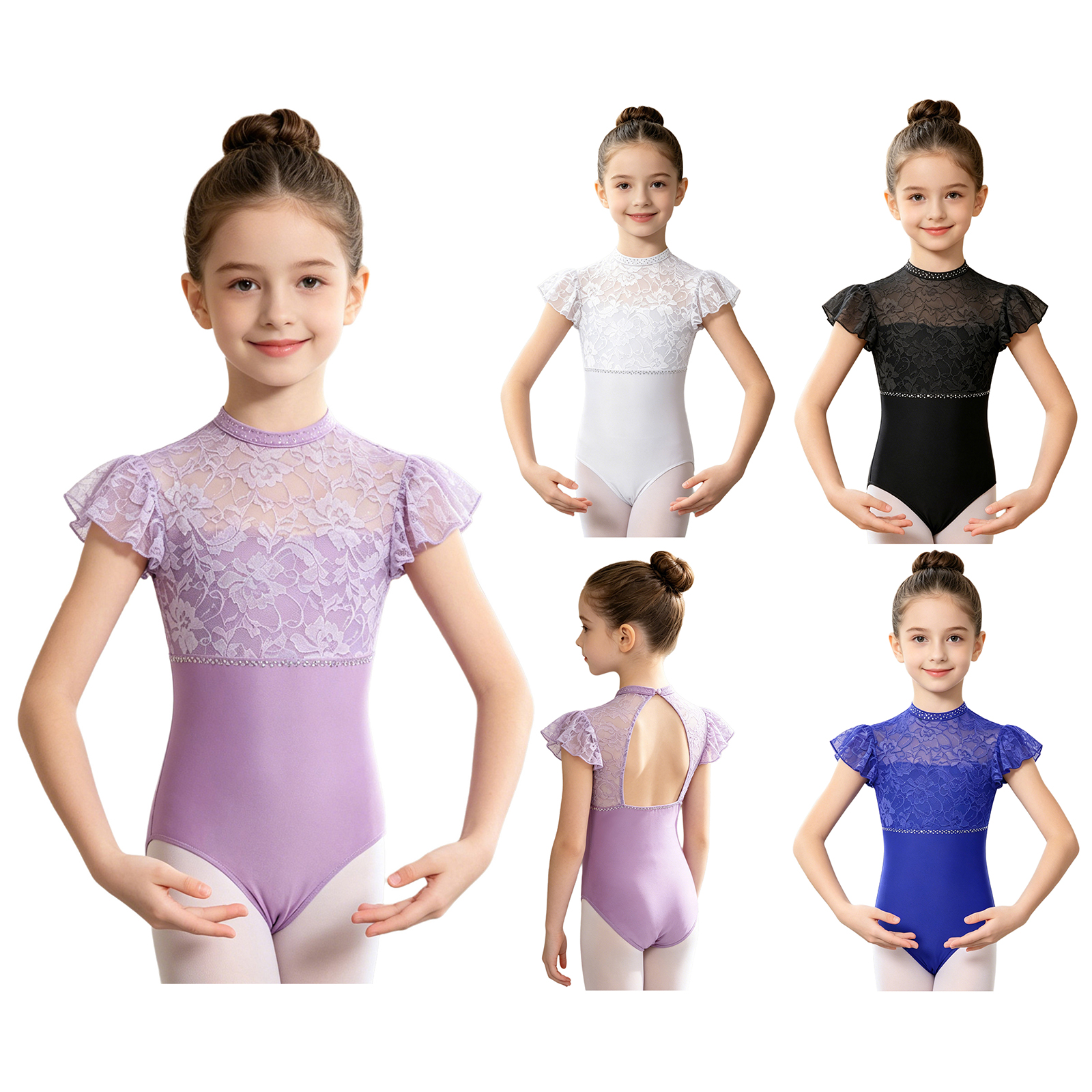 Kids Girls Ballet Dance Leotar - Rhinestone Banding Trim recension och pris